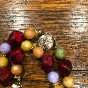 Vintage lucite necklace 40” cranberry and moss
